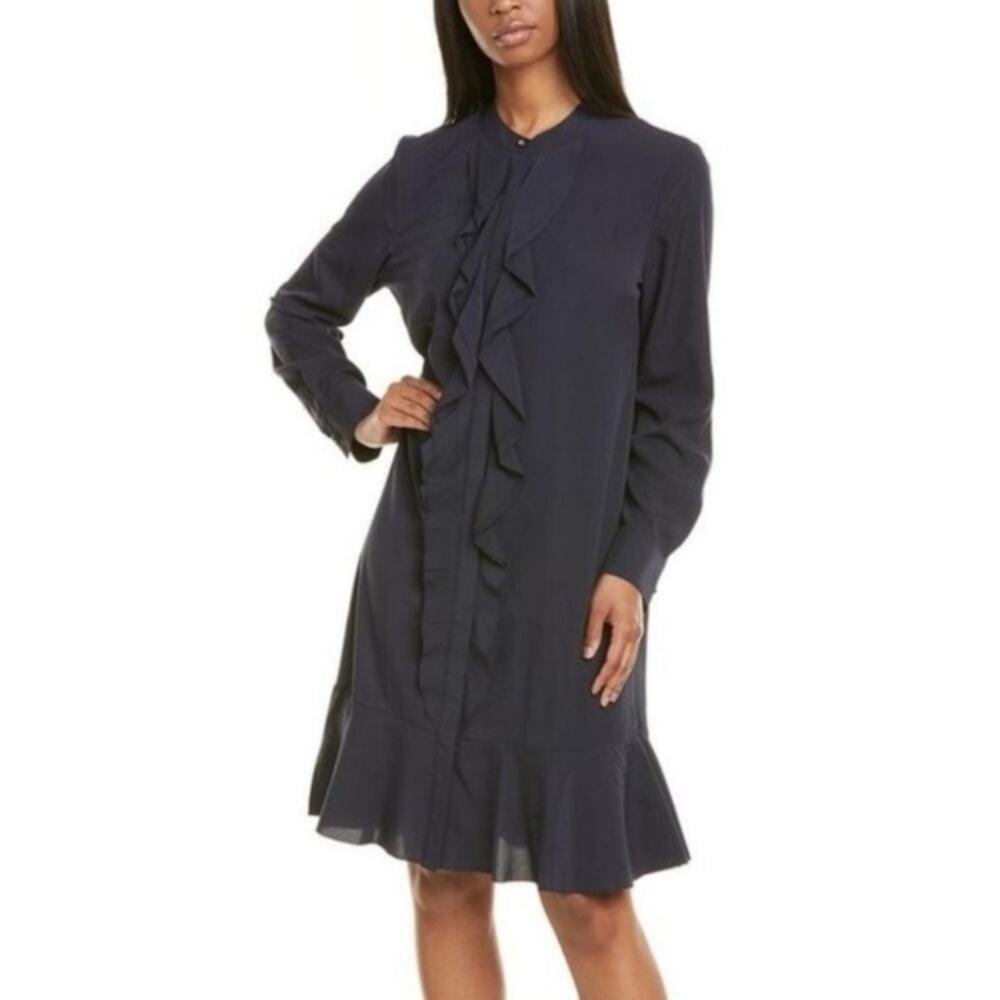 Tory Burch Jane Ruffle Button-Up Cocktail Long Sleeve Navy Dress Size 8